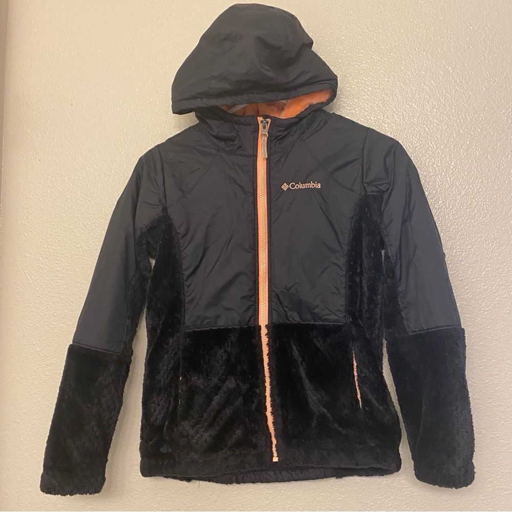 Columbia black orange Sherpa fleece Full Zip Hooded Jacket Overlay M  10-12